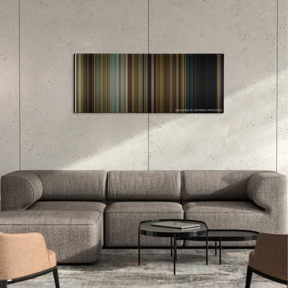 Oculus color palette canvas on a concrete wall above a gray sectional sofa