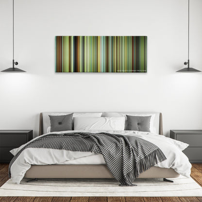 Wild color palette canvas above a bed, between two black pendant lamps