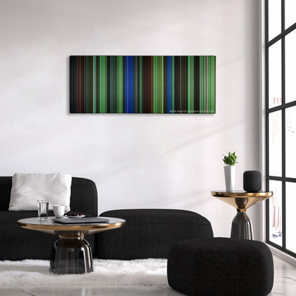 Saw III color palette canvas above a black sofa with a gold-topped table