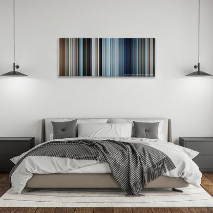 Everest color palette canvas above a bed, between two black pendant lamps
