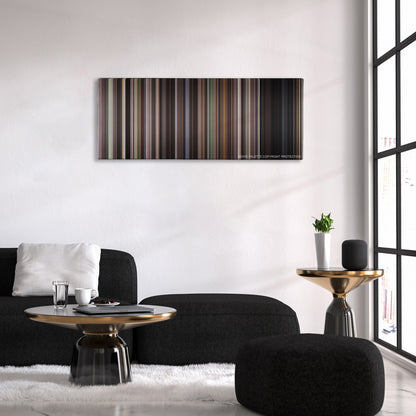 Adaptation. color palette canvas above a black sofa with a gold-topped table