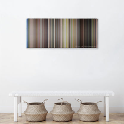 The Happening color palette canvas above a white bench with three woven baskets