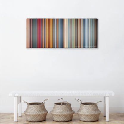 Austin Powers in Goldmember color palette canvas above a white bench with three woven baskets
