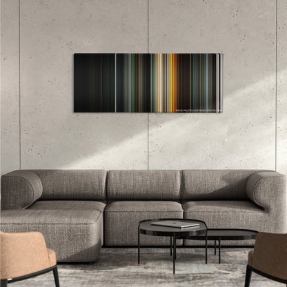 Snowpiercer color palette canvas on a concrete wall above a gray sectional sofa