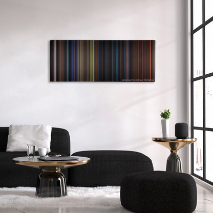 Jupiter Ascending color palette canvas above a black sofa with a gold-topped table