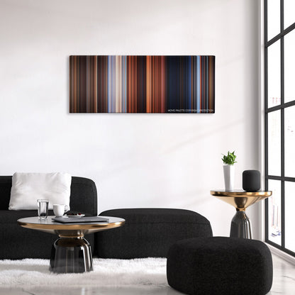 The Time Machine color palette canvas above a black sofa with a gold-topped table