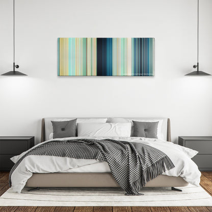 The Shallows color palette canvas above a bed, between two black pendant lamps