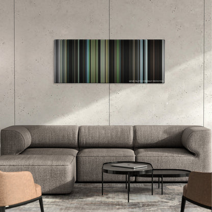 Antichrist color palette canvas on a concrete wall above a gray sectional sofa