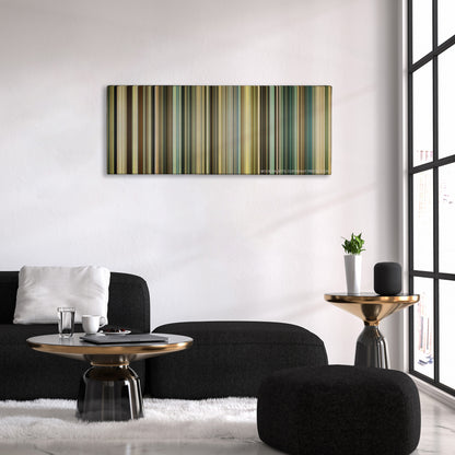 Taken 3 color palette canvas above a black sofa with a gold-topped table