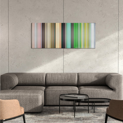 House of Flying Daggers color palette canvas on a concrete wall above a gray sectional sofa