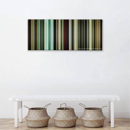 Bronson color palette canvas above a white bench with three woven baskets