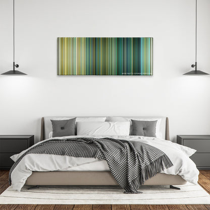 13 Hours color palette canvas above a bed, between two black pendant lamps