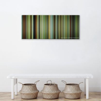 Wild color palette canvas above a white bench with three woven baskets