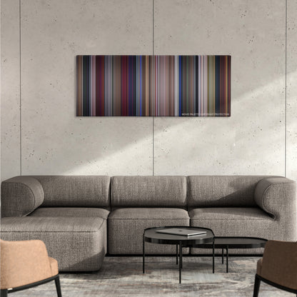 Wayne's World color palette canvas on a concrete wall above a gray sectional sofa