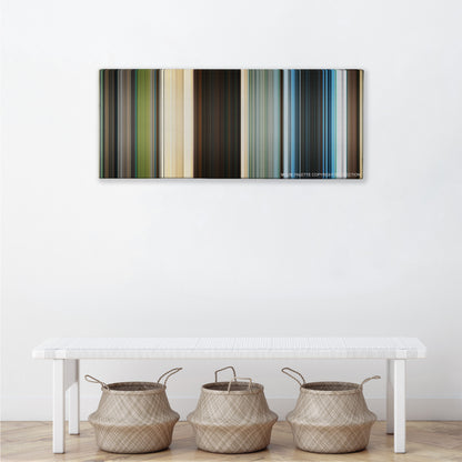 Jumanji: The Next Level color palette canvas above a white bench with three woven baskets
