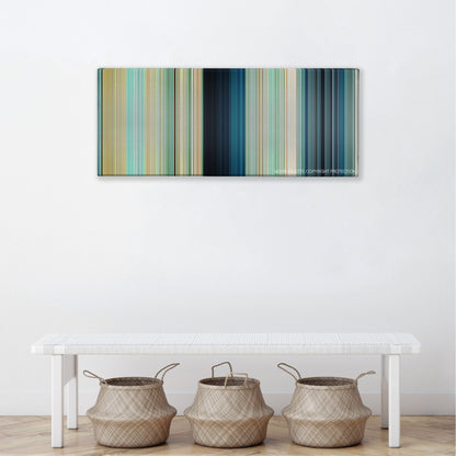 The Shallows color palette canvas above a white bench with three woven baskets