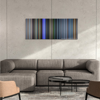 Ready Player One color palette canvas on a concrete wall above a gray sectional sofa
