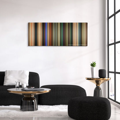 Happy Death Day color palette canvas above a black sofa with a gold-topped table