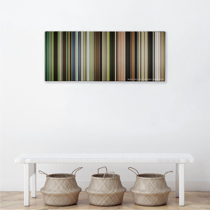 Captain Fantastic color palette canvas above a white bench with three woven baskets