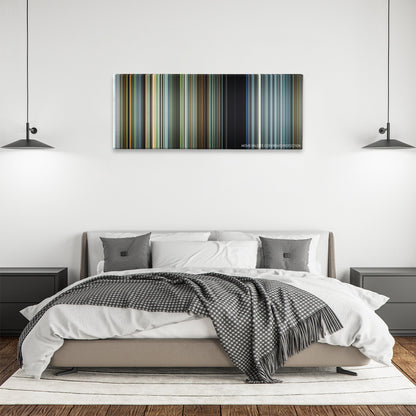 The Walk color palette canvas above a bed, between two black pendant lamps