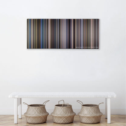 Outbreak color palette canvas above a white bench with three woven baskets