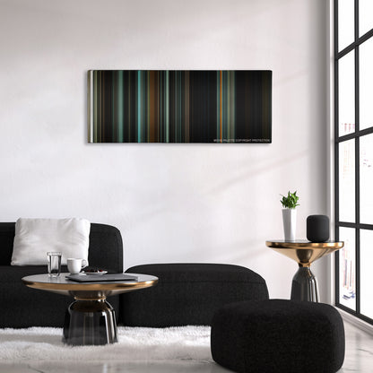 The Woman in Black color palette canvas above a black sofa with a gold-topped table