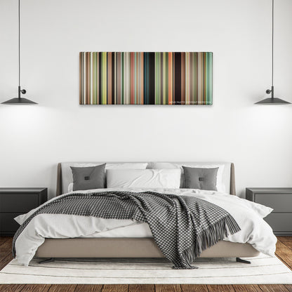 Safety Not Guaranteed color palette canvas above a bed, between two black pendant lamps