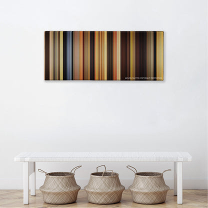 Blended color palette canvas above a white bench with three woven baskets