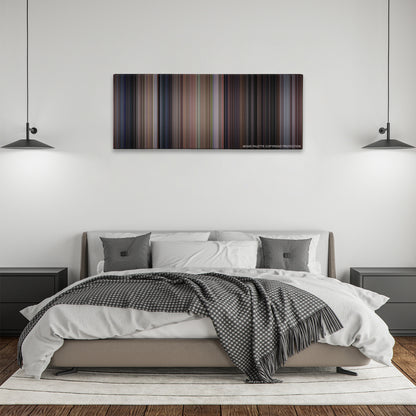 Scream color palette canvas above a bed, between two black pendant lamps