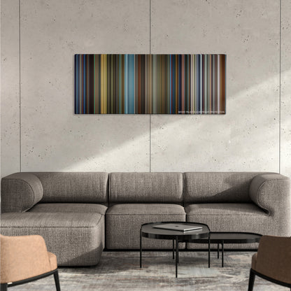 X-Men: Days of Future Past color palette canvas on a concrete wall above a gray sectional sofa