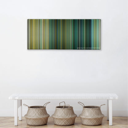 13 Hours color palette canvas above a white bench with three woven baskets