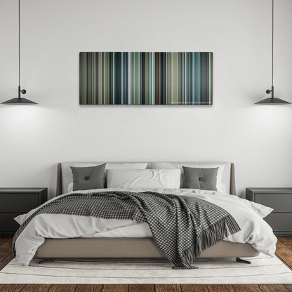 Man of Steel color palette canvas above a bed, between two black pendant lamps