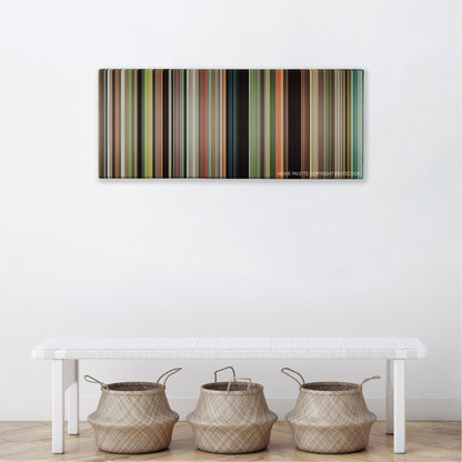 Safety Not Guaranteed color palette canvas above a white bench with three woven baskets