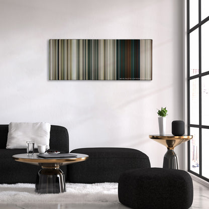 Battle Los Angeles color palette canvas above a black sofa with a gold-topped table