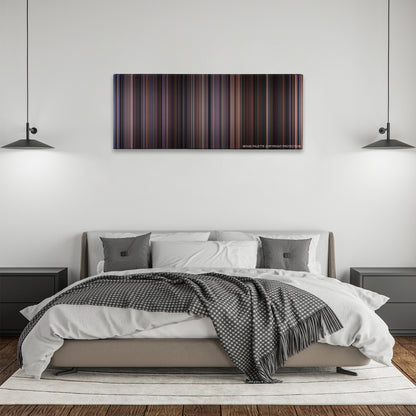 Chocolat color palette canvas above a bed, between two black pendant lamps