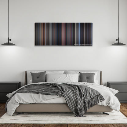 The Fly color palette canvas above a bed, between two black pendant lamps