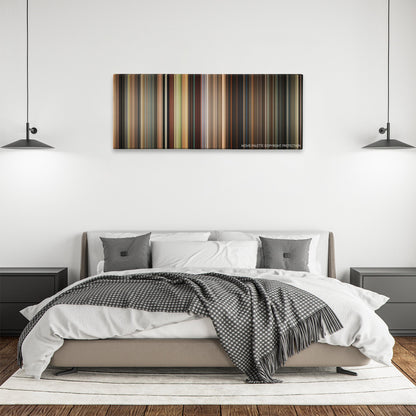 Hall Pass color palette canvas above a bed, between two black pendant lamps