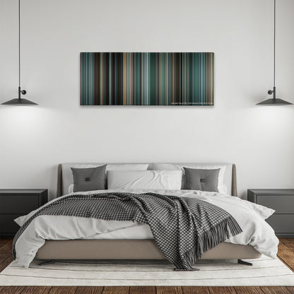 The Town color palette canvas above a bed, between two black pendant lamps