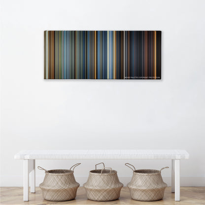 Ender's Game color palette canvas above a white bench with three woven baskets