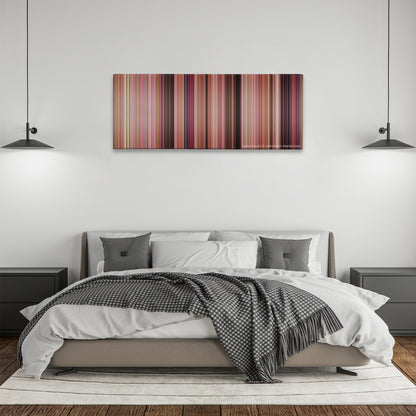 Mean Girls color palette canvas above a bed, between two black pendant lamps