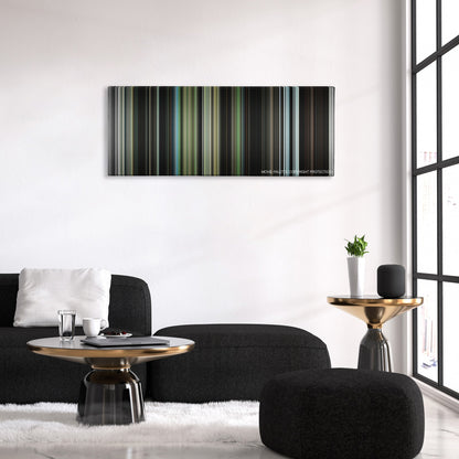 Antichrist color palette canvas above a black sofa with a gold-topped table