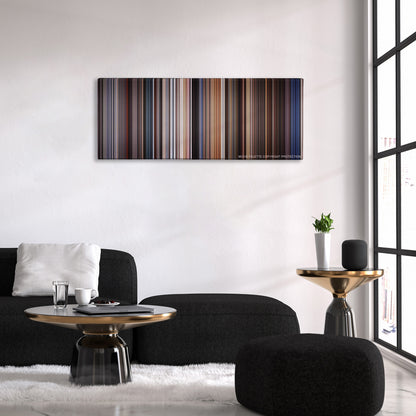 Highlander color palette canvas above a black sofa with a gold-topped table