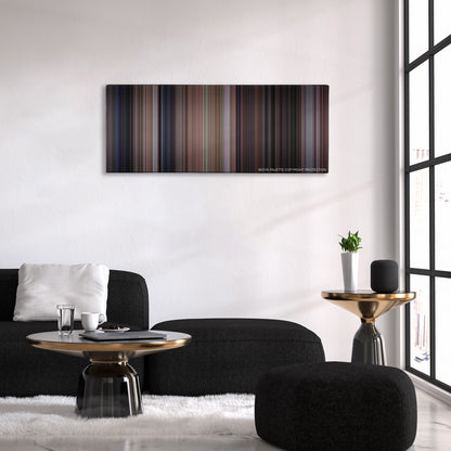 Scream color palette canvas above a black sofa with a gold-topped table