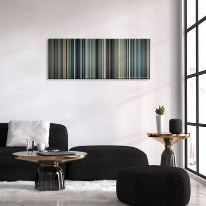 Man of Steel color palette canvas above a black sofa with a gold-topped table