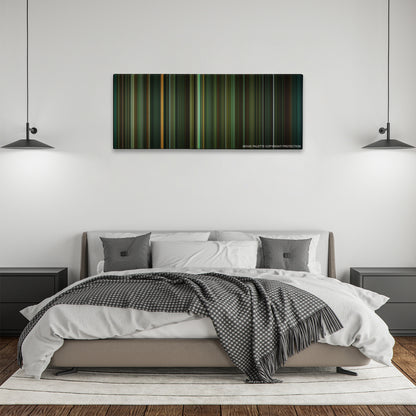 The Shape of Water color palette canvas above a bed, between two black pendant lamps