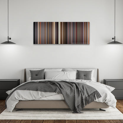 Spaceballs color palette canvas above a bed, between two black pendant lamps