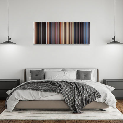 Close Encounters of the Third Kind color palette canvas above a bed, between two black pendant lamps