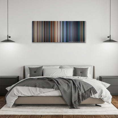 Independence Day color palette canvas above a bed, between two black pendant lamps