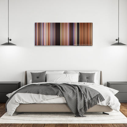 Shanghai Noon color palette canvas above a bed, between two black pendant lamps