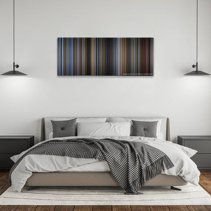 Groundhog Day color palette canvas above a bed, between two black pendant lamps